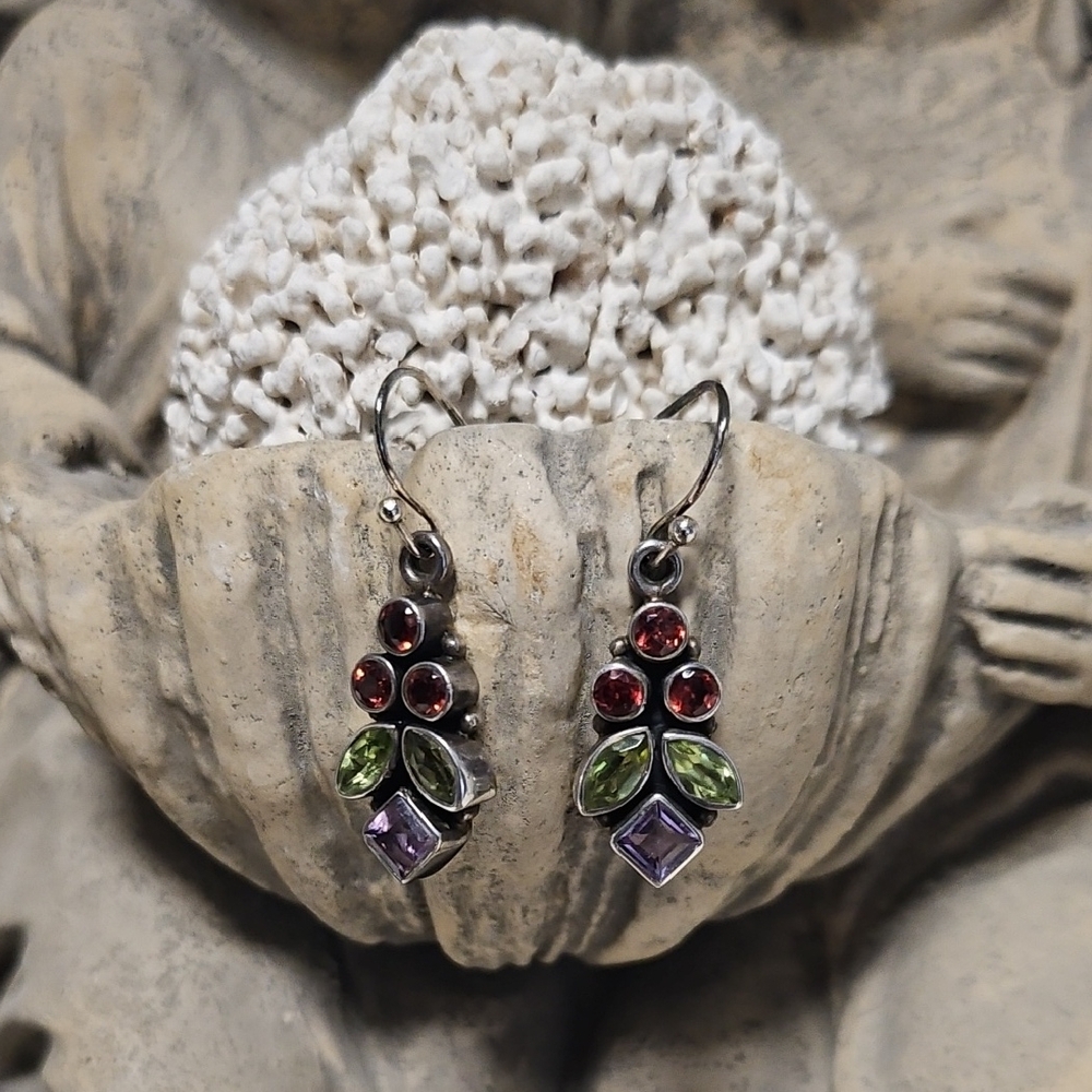 Organic garnet, peridot amd amethyst earrings